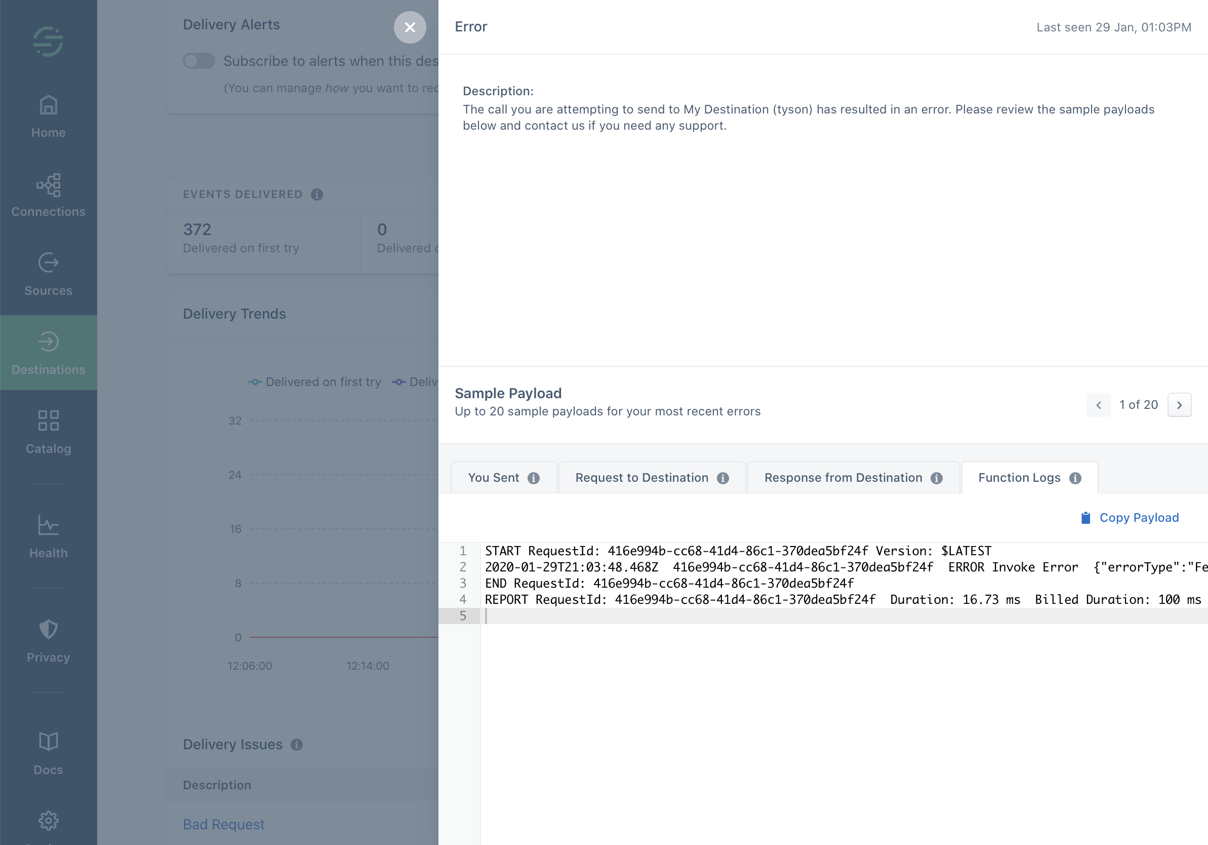 Destination Function error logs